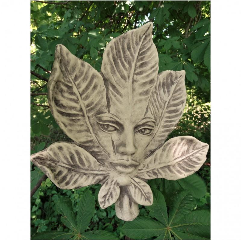 30 cm Steinfigur Kastanie Blatt mit Elfengesicht Steinguss Höhe ca
