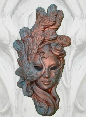 Steinfigur venezianische Maske Follia Kupfereffekt
